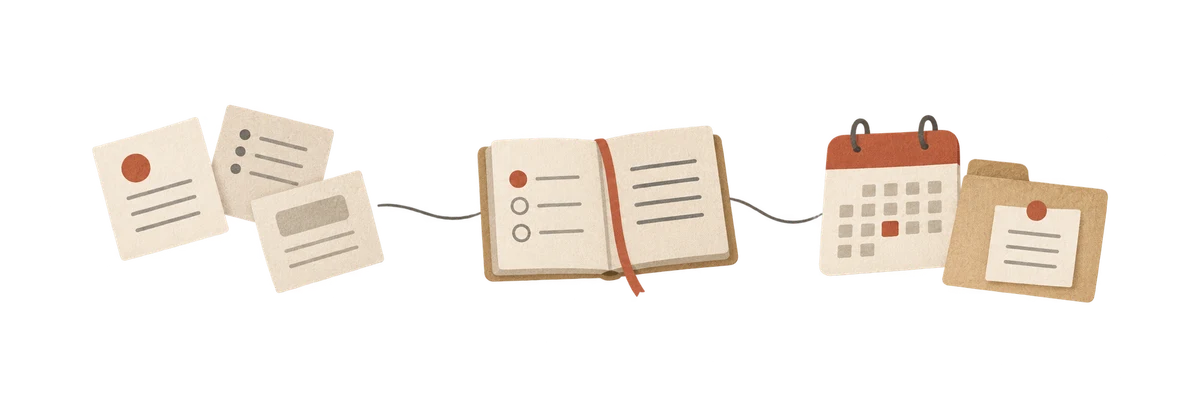 Loose notes connect to a notebook, calendar and organised folder.