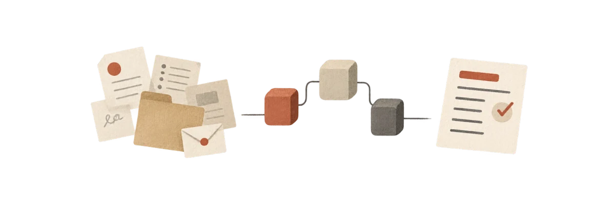 Documents connect through simple modules to an organised briefing.